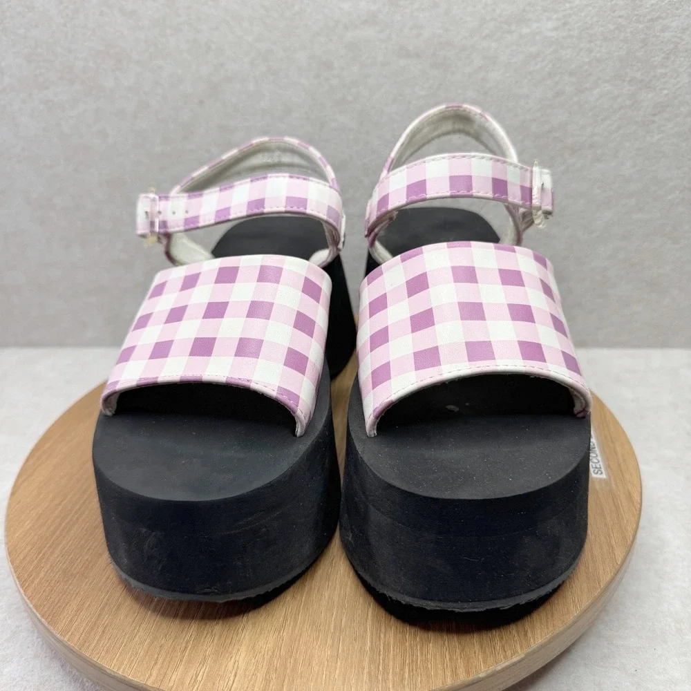 Chunky Platform Sandals‎ Gingham Purple White Heels Size 38 7US